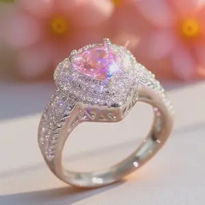 Chunky Bling Heart CZ Ring Statement Bride Engagement Promise Anniversary Birthstone Ring Accessories Party Wear Valentine Day Gift for Girlfriend Fashion Jewelry for Women