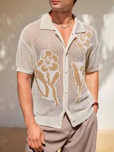 Men's Vacation Floral Jacquard Openwork Knit Button Down Shirt | Camp Collar Short Sleeve Breathable Top