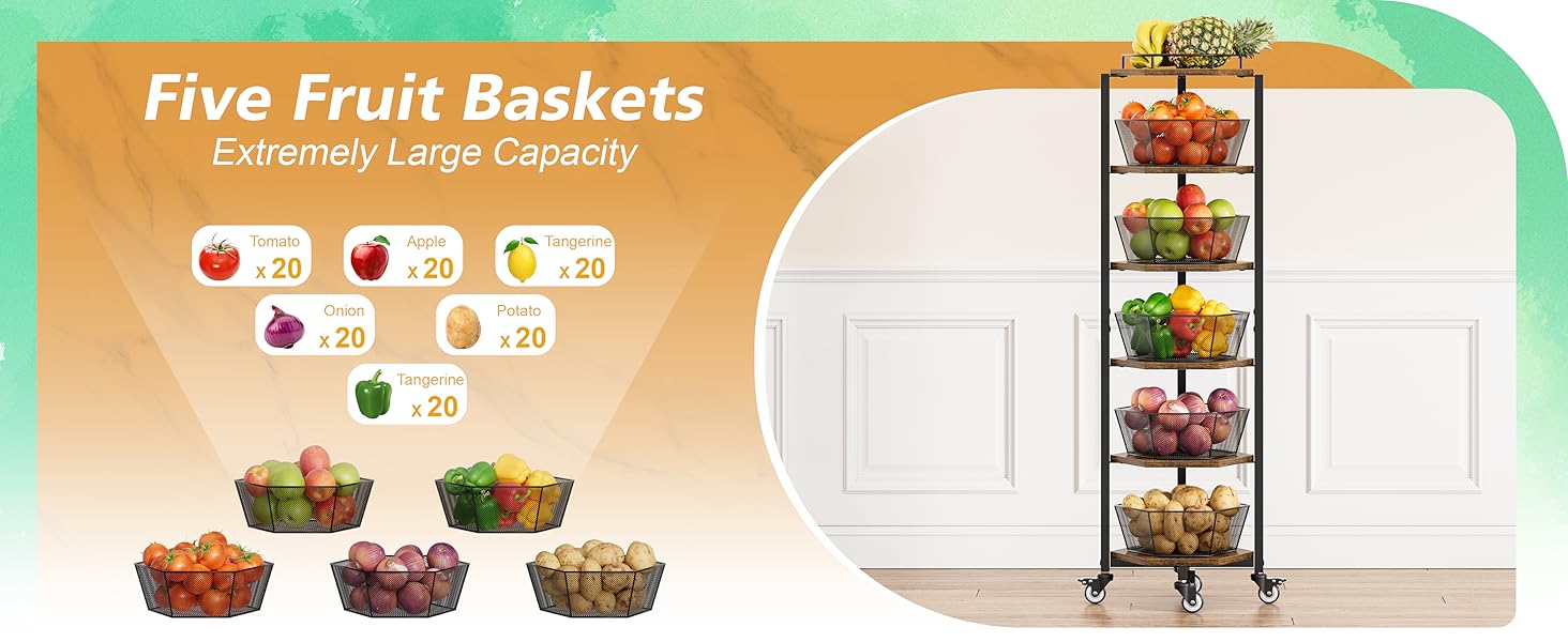 Fruit and Vegetable Storage Basket for Kitchen, 6 Tier Kitchen Cart on Wheels with Storage, Rolling Fruit Basket Stand with 5 Pack Fruit Bowl, Rotating Fruit Organizer Storage Cart for Potato, Onion Fruit and Vegetable Storage Basket for Kitchen, 6 Tier Kitchen Cart on Wheels with Storage, Rolling Fruit Basket Stand with 5 Pack Fruit Bowl, Rotating Fruit Organizer Storage Cart for Potato, Onion