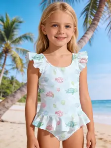 Turtle Shell Print Kids Swimsuit, Girls Flutter Sleeve Ruffle, Summer Quick Dry Swimwear