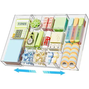 Expandable Desk Drawer Organizer, Clear Plastic Drawer Organizer Tray with 10 Adjustable Compartments, Desk Organizers and Accessories, 5 Drawer Dividers for Office Supplies, Makeup(Clear)