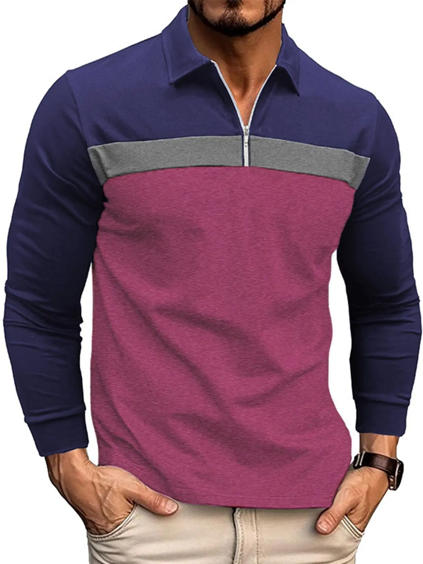 Men's Color Block Quarter-Zip Polo Shirt, Long Sleeve Contrast Collared Top, Casual Pullover for Business and Daily Wear