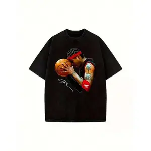 Men's Vintage Acid Washed Basketball Pattern Oversized Casual T‑Shirt, Crew Neck Short Sleeve Black Heavyweight Cotton Tee, Comfortable Streetwear Unisex Top
