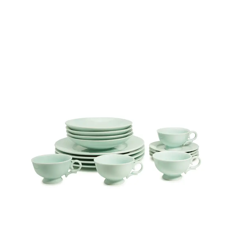 Yoopins Celadon Glazed Dinnerware Set, 16 Pieces, 4 Coffee/Tea Cups 6 oz & 4 Saucers & 4 Soup/Salad Bowls 8" & 4 Wide Rim Dinner Plates, Service for 4, Light Blue-Green Color