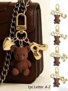 Letter Teddy Bear Keychain with Gold Bubble Letters A-Z, Cute Bear Charm Pendant for Bags Wallets Backpacks, Fashion Accessory for Women Girls