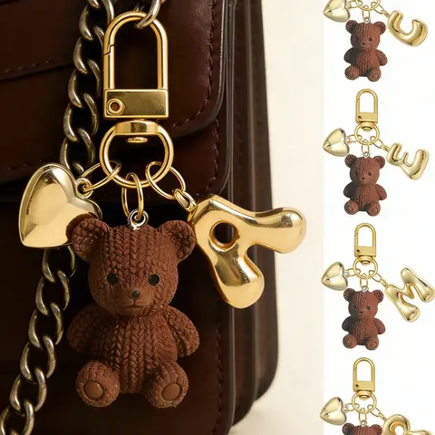 Letter Teddy Bear with Gold Bubble Letters A-Z, Cute Bear Charm Pendant for Bags Wallets Backpacks, Fashion Accessory for Women Girls, Cute Bag Charms
