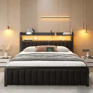 Black Iron Metal Platform Bed Frame, Queen Size Bedroom Furniture, Storage Headboard With 2 Outlets And 2 USB Ports, Smart RGB LED Lights App Control, Large Storage Drawer, 800 Lbs Capacity, Noise Free, No Box Spring Needed