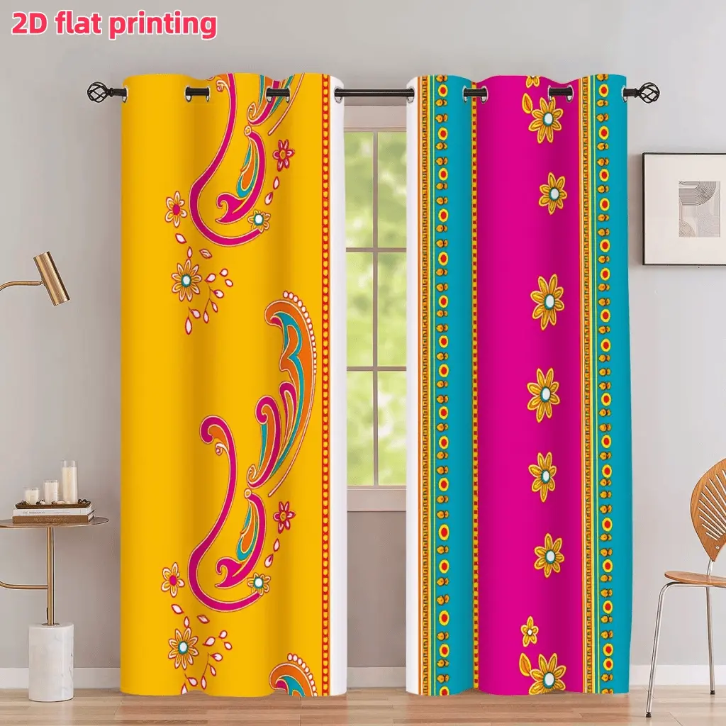 2D Flat 2Pcs Ethnic Paisley Pattern Curtain, Indian Style Floral Print Panels with Grommets, Half Sunshade Window Treatment for Home Living Room Bedroom Balcony Kitchen Study Decoration, Accessory, Anti Privacy