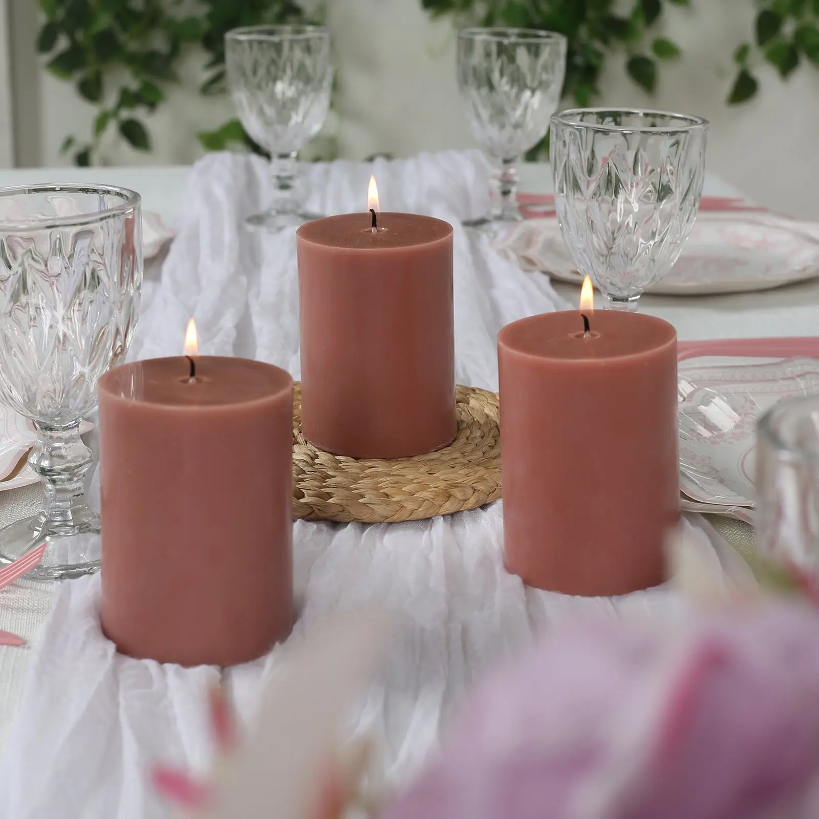 Scentless Dripless Pillar Candles, 12-Pack 3"x4" Dusty Rose Long-Burning Wax with Cotton Wicks for Home, Wedding Decor