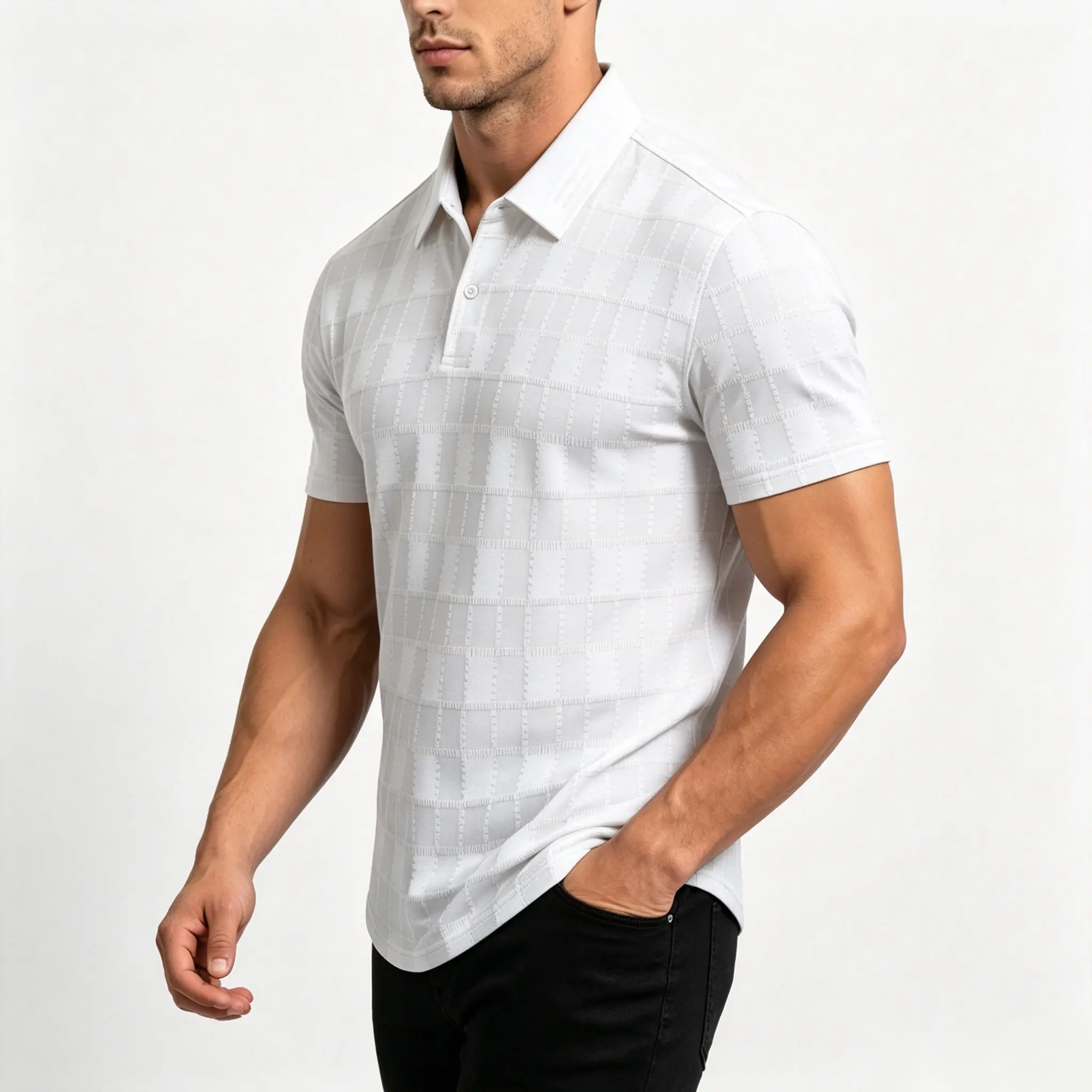 Men's Jacquard Polo Shirt, Stylish Buttonless V-Neck Top in Breathable Ice Silk Fabric for Business Casual Summer Menswear, Shortsleeve, Textured Woven Fabric, Loose, Fitted, Hidden Jacquard, Fashion, Jacquard With Hidden Patterns