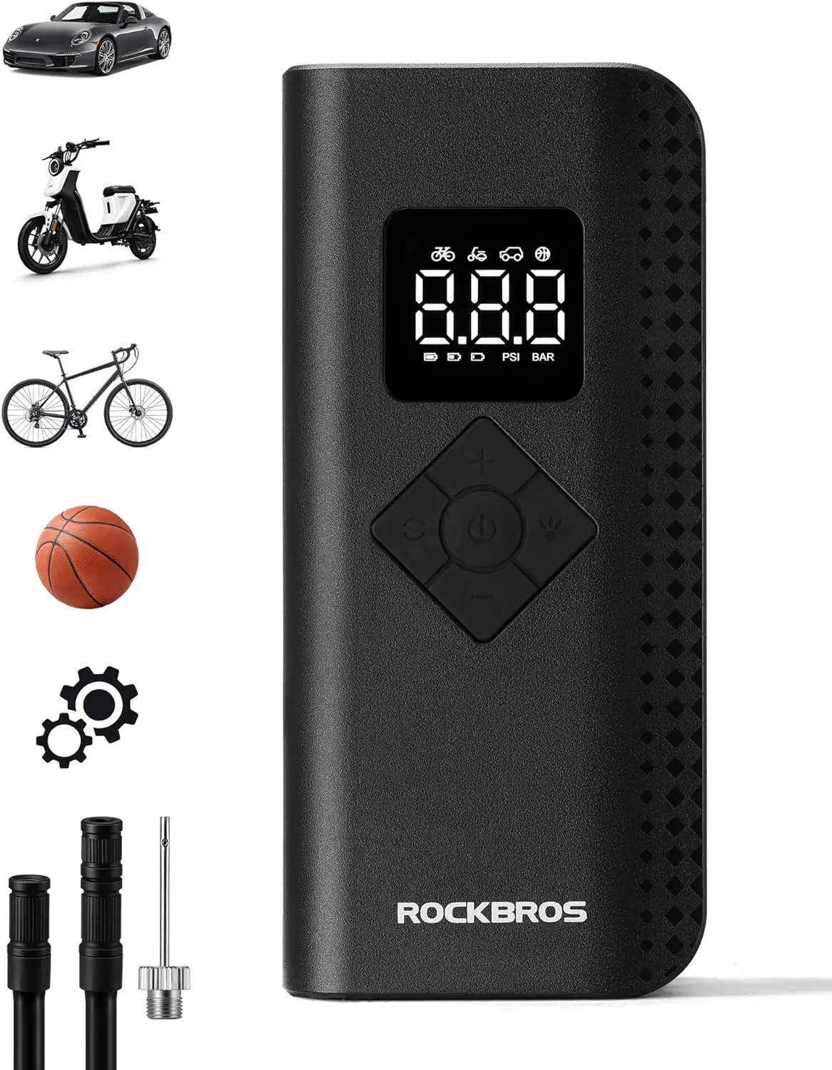 ROCKBROS Cordless Tire Inflator Portable Air Compressor (150PSI, 2000mAh Batteries, 410g, 2 Hours Charge) with Pressure Gauge, LED Light, Auto Off for Car, Bicycle, Daily Use