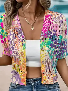 Women's Elegant Watercolor Dot Print Short Sleeve Knit Cardigan, Casual Breathable Knitted Sweater, Button Front, Spring Summer Fall Clothing