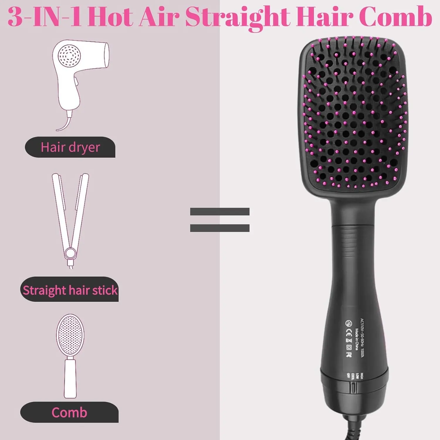 Hair dryer, styling and straightening three-in-one hair dryer and styling tool, integrated combing and straightening brush, dual adjustment of wind speed and temperature to lock in the water luster of hair strands, more shine and less frizz