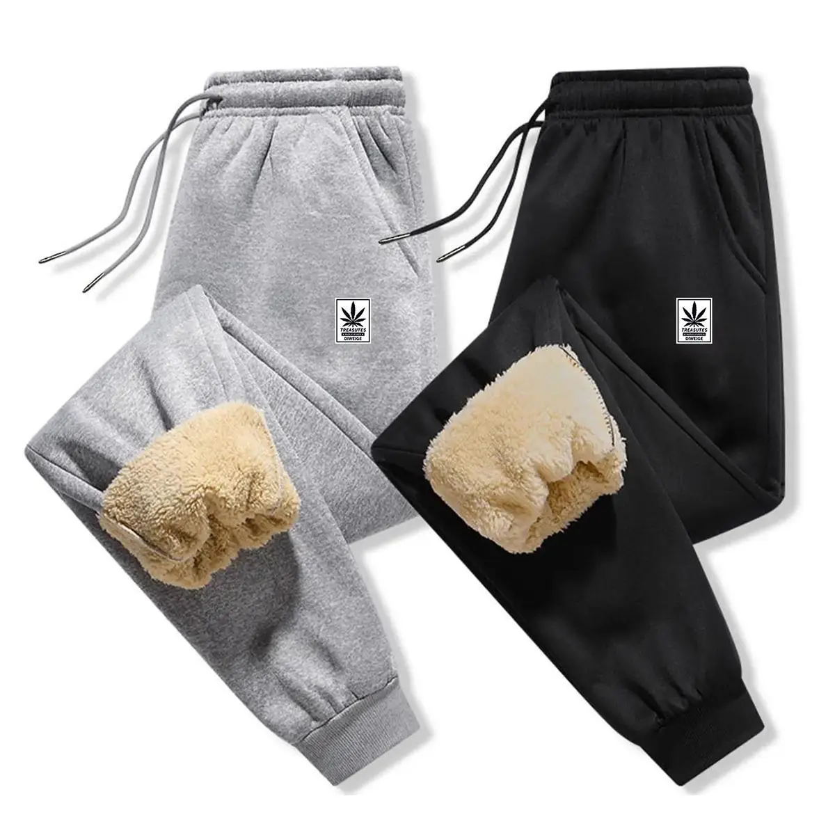 Men's winter thick and warm casual pants two-piece set, with velvet lining, windproof and cold resistant knitted casual pants, suitable for daily leisure and sports, printed with leaf pattern for men's winter clothing