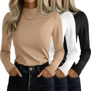 3-Pack Women’s Mock Turtleneck Shirts, Slim-Fit Stretch Undershirt/Tee Blouses with Long Sleeves