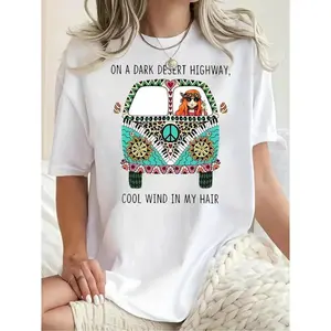 Colorful Bohemian Graphic Tee for Plus Size Women Showcasing Hippie Bus Desert Scene and Dark Highway Quote