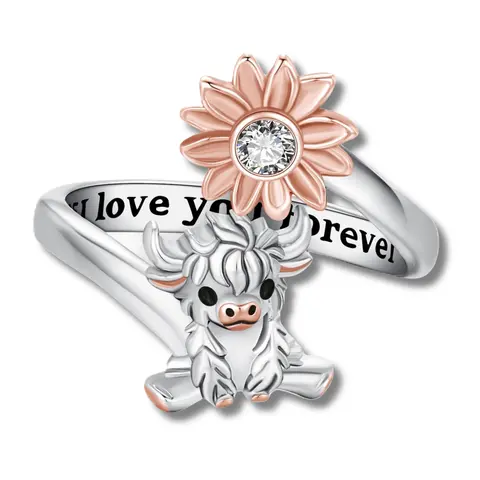 DRINSPER 925 Sterling Silver Highland Cow Open Ring - Unique Rings, Anniversary Gifts for Her, GF Promise Gift