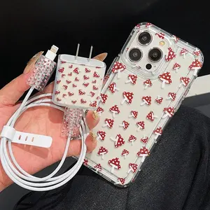 Mushroom Pattern Phone Case with Charger Saver & Cable Protector & Storage Rope, Anti-drop Cellphone Protective Case, Total Protective Shockproof Mobile Phone Cover for iPhone, Casing