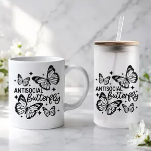 Antisocial Butterfly Mug & Glass Tumbler Set, Funny Introvert Gift, 15 oz Coffee Mug and 18 oz Iced Coffee Cup Set