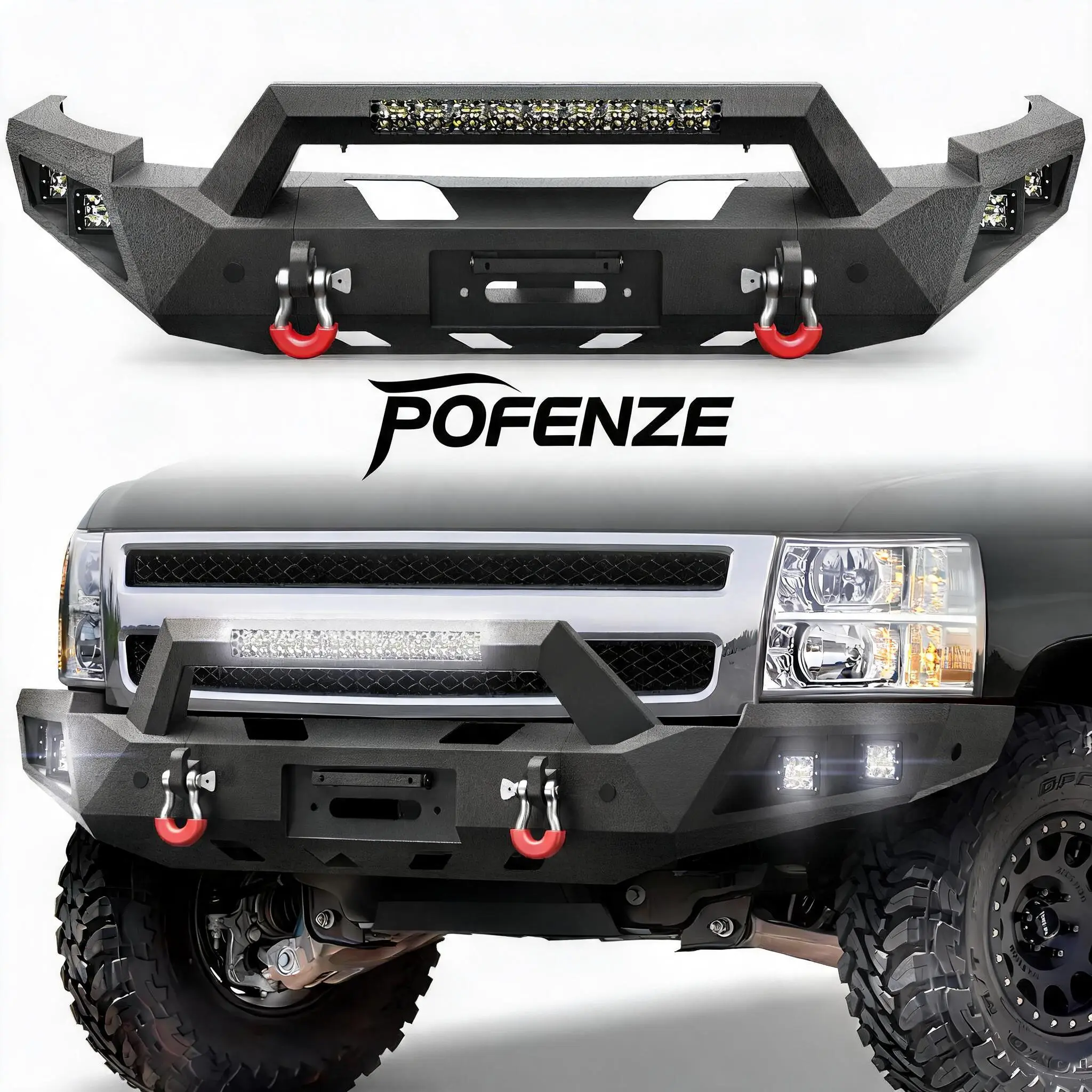 POFENZE-NADIA Chevy Silverado Front Bumper for 2007-2013 Chevy Silverado 1500 | Steel Bumper w/Winch Plate, LED Lights, D-rings and License Plate Bracket