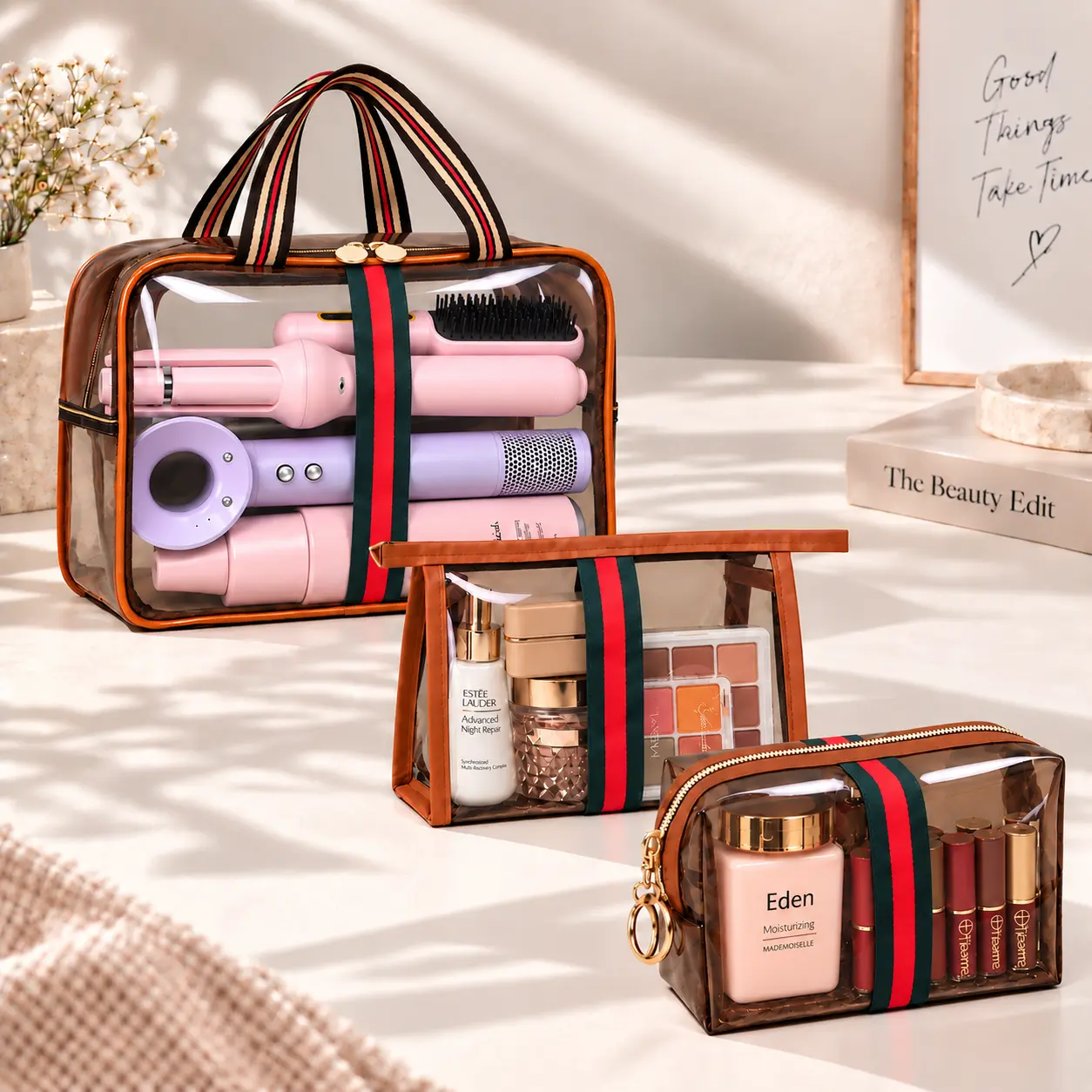 3PCS Vintage Clear Makeup Bag Set for Women, Large Capacity Travel Cosmetic Organizer, Waterproof Toiletry & Skincare Storage Bags, Portable Beauty Organizer Set, Brown, Travel Essentials