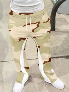 Men's Fashion 3D Desert Geometric Camo Print Flare Pants, Loose Casual Pocket Drawstring, Sporty Streetwear Hip Hop Vintage Long Pants, Camouflage, Drawstring Waist Pants