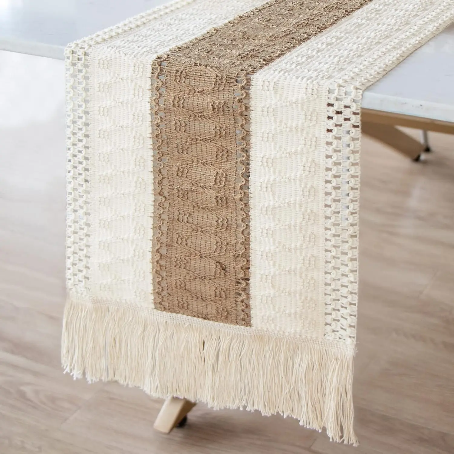 Table Runner Farmhouse Style, Natural Burlap Boho Table Runner Modern Farmhouse Decor Rustic Woven Cotton Crochet Lace for Bohemian, Rustic,Bridal, Shower Wedding, Dinner, 72" x 12"