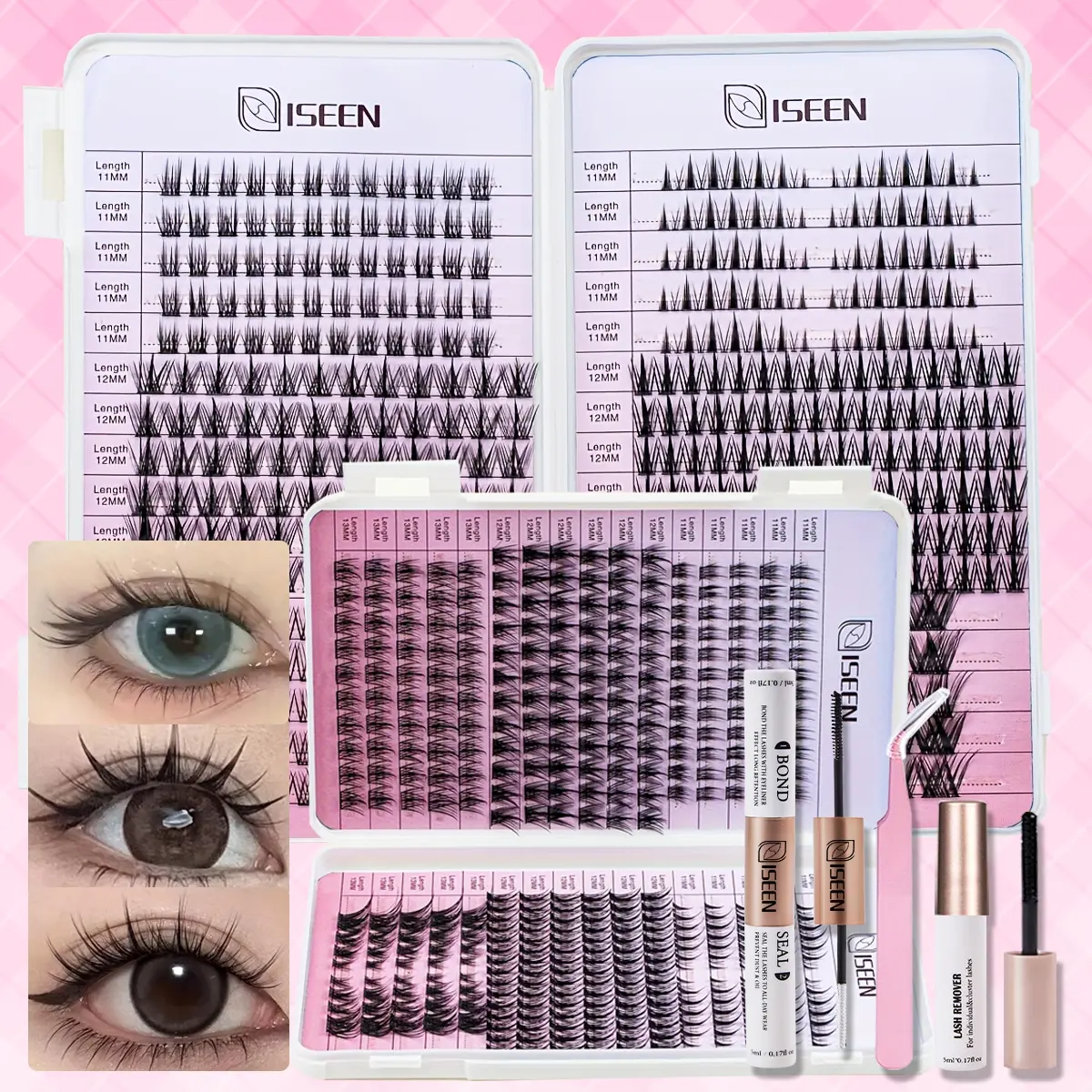 Natural Lash Clusters Kit DIY Lash Extension Kit Wispy Eyelash Extension Kit C-curly Individual Lashes Kit 11-13MM Short Eyelash Clusters Eyelash Glue Extension with Bond&Seal&Remove&Eyelash Tweezers Beginner Friendly Diy Eyelash Extensions Eyelash Box