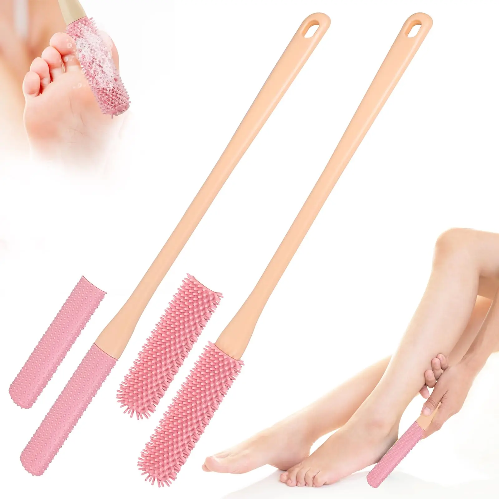 Manicure & Pedicure 2-Piece Long Handle Sensitive Toe Gap Cleansing Brush Set, 15.7in Compact Gentle Silicone Foot Scrubber with 2 Replacement Heads, Lightweight Daily Shower Foot Care Tool