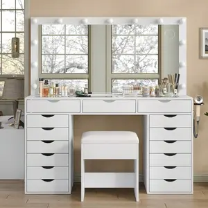 Makeup  Desk  Mirror & Lights, 15 Drawers Dressing Table  Chair, Charging Station 3 Color Modes  Set For Bedroom Beauty Room Decor White Vanity with