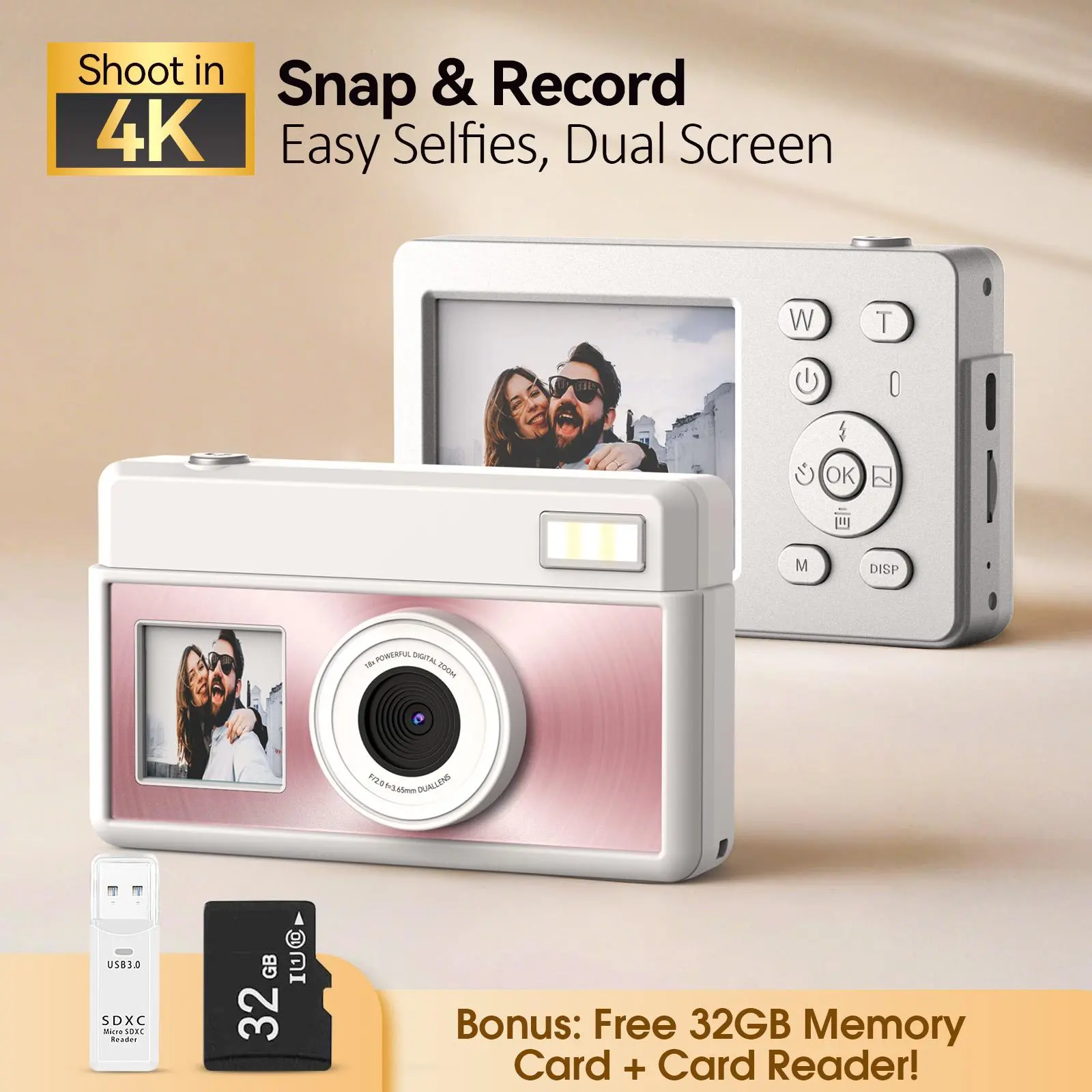 Dual-Screen 4K Digital Camera 64MP, 18X Zoom, Retro Filters, One-Click Switch, 32GB SD Card, 1000mAh Battery, Rechargeable Selfie & Vlogging Camera for Teens & Kids