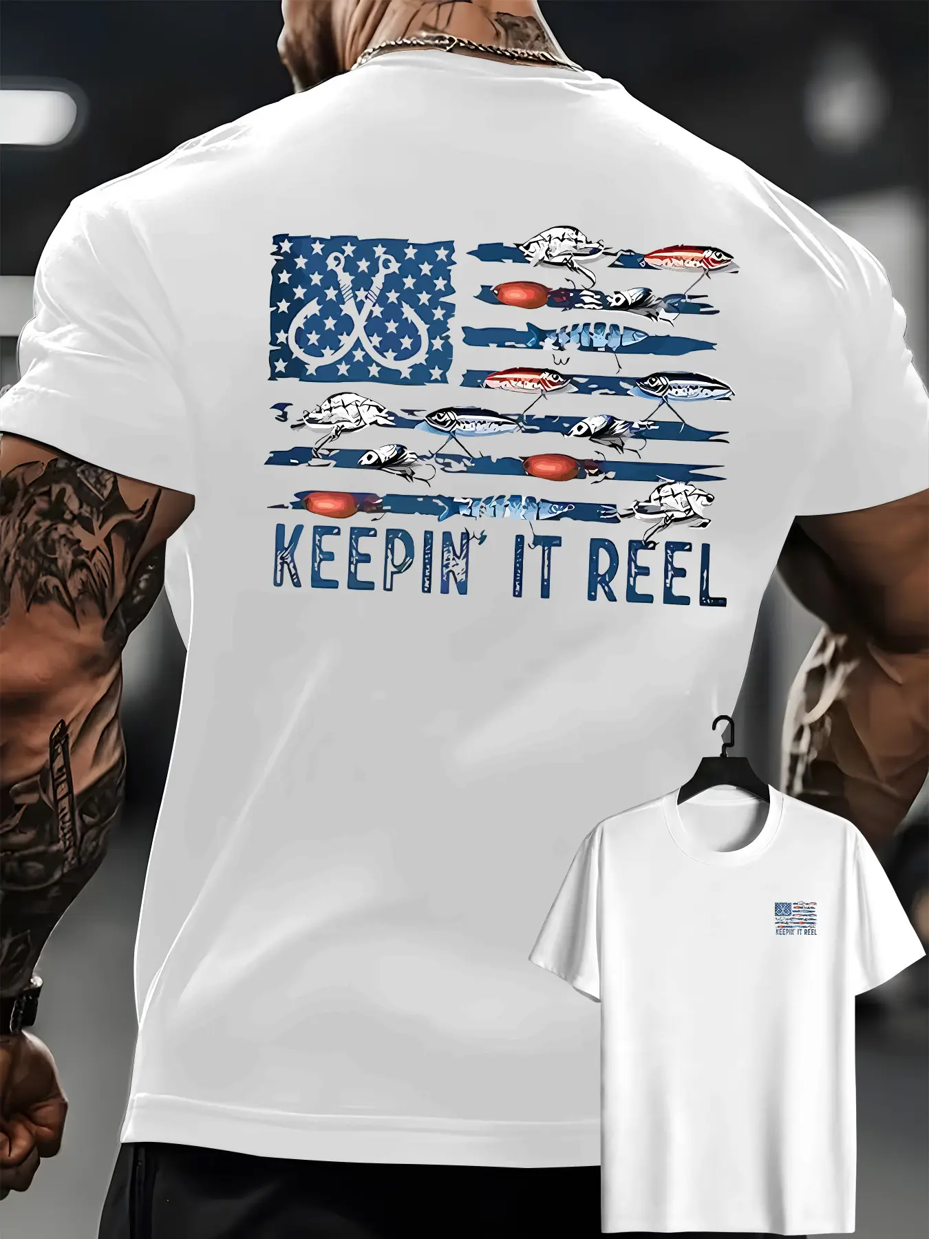 Keepin It Reel American Flag Lure Fish Hook Back Print Fishing Graphic men Tee