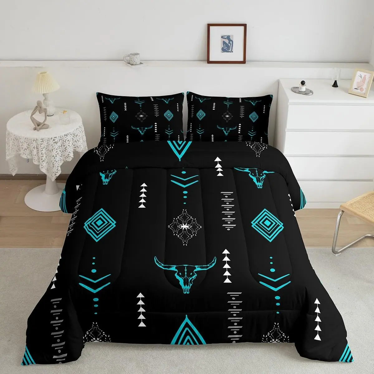 Bull Skull Comforter Set Boho Horns Bedding Ethnic Bohemian Bedding Comforter Sets Tribal Symbol Mysterious Aztec Room Decor Geometric Abstract Black Teal Duvet Insert