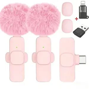 Wireless Mini Lavalier Microphone, 2-Pack Lavalier Mics for iPhone Lightning & Android Smartphones, Noise Reduction Clear Stereo Audio for Vlogging & Content Creation Pink