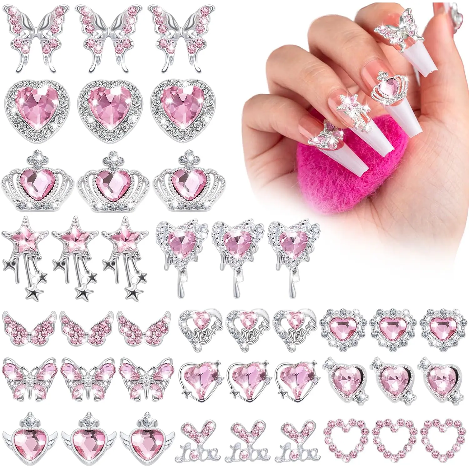 Noverlife 42PCS Valentine's Day Pink Nail Charms, Star Crown Bow Butterfly 3D Nail Charms Heart Nail Charms, Large Nail Jewelry Charms Bling Crystal Diamonds for Valentine Nail Art Decorations