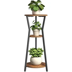 MAHANCRIS Plant Stand Indoor, 3-Tier Round Corner Plant Shelf, Flower Pot Holder, Round Corner Display Rack, for Living Room, Balcony, Rustic Brown and Black