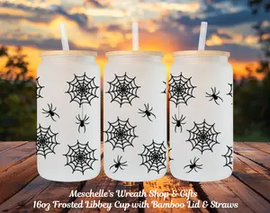 Spider Webs  Frosted 16oz Beer/Soda/Iced Coffee Glass with Bamboo Lid and Straw - Cup