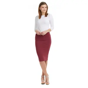 Heather Burgundy Cotton Below Knee Length Pencil Skirt  -  'Chicago'