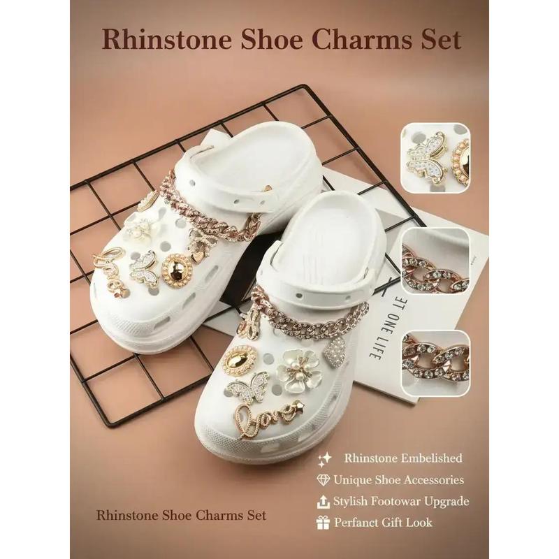 14pcs Fashionable Rhinestone & Letter Decorated Shoes Decorations, Chain & Bowknot Design Shoes Charm Rhinestone Shoes Charms For Vented Clogs Decoration