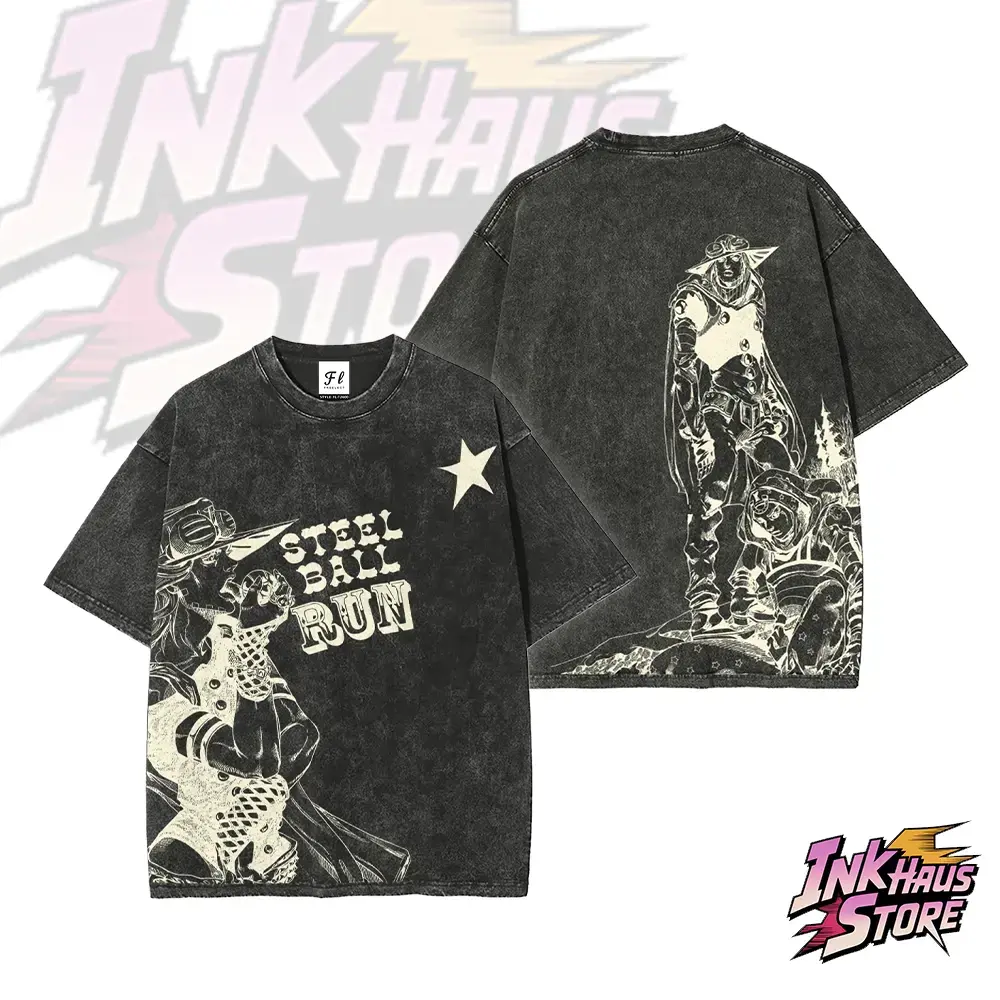 Men's Cotton Short-Sleeve Round Neck Graphic T-Shirt - JJBA Part 7 Steel Ball Run Johnny Joestar & Gyro Zeppeli Print, Unisex Vintage Fabric Tee, Retro Anime Fashion Graphic Shirts