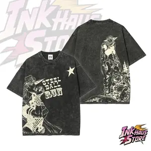 Men's Unisex Round Neck Short-Sleeve Cotton T-Shirt - JJBA Part 7 Steel Ball Run Johnny Joestar & Gyro Zeppeli Print, Comfortable Fabric, Retro Vintage Anime Fashion Tee