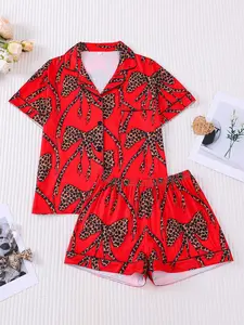 Women's Leopard Bow Print Short Set, Casual Fitted Top and Shorts, Comfortable Soft Skin-Friendly Elastic Waist, All Seasons Home Wear, Loungewear