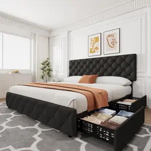 GARVEE King/Full Size Bed Frame with 4 Storage Drawers, Linen Upholstered Platform, Adjustable Headboard, Diamond Tufted, No Box Spring, Black