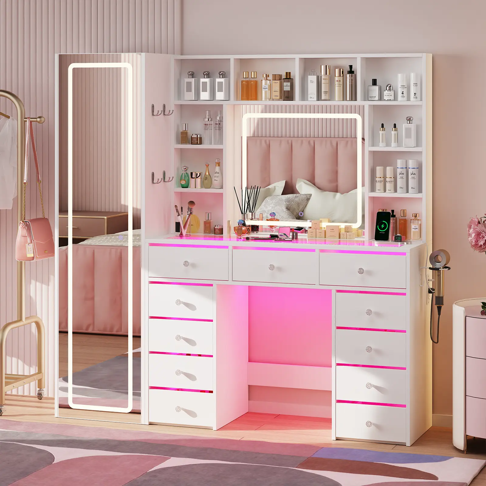 White/Black/Pink Dimmable Women Makeup Vanity With Full Mirror And RGB Lighting Modes USB Power LED Lights, Makeup Vanity With Transparent Top & USB Charger, Vanity With Storage Shelves Drawers, Dressing Table For Women Girls Bedroom
