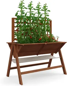 Gaomon Mobile Raised Garden Bed with Trellis, Built-in Shelving, Lockable Wheels, Elevated Legs, Drainage Holes, Protective Liner, Oak Wood Planter Box for Outdoor Mobile Gardening