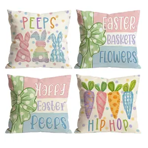 Happy Easter Peeps Throw Pillow Covers Set of 4 | Polka Dot Bunny, Carrot, Flowers & Easter Baskets Decor for Sofa Couch 0224YF