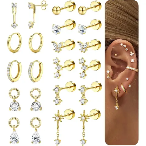 Women's Flat Back Stud Earrings Jewelry - 316L Surgical Stainless Steel Gold-Tone, Body-Safe Hypoallergenic Antitarnish, Small for Sensitive Ears & Cartilage Helix Piercing, Trendy Gift