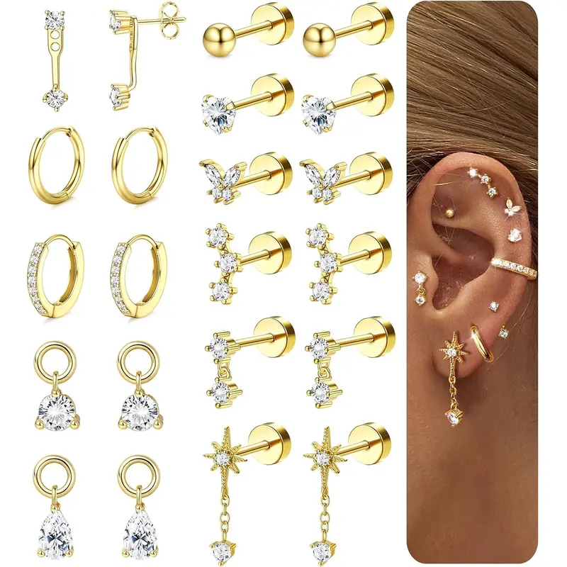 Women's Flat Back Stud Earrings Jewelry - 316L Surgical Stainless Steel Gold-Tone, Body-Safe Hypoallergenic Antitarnish, Small for Sensitive Ears & Cartilage Helix Piercing, Trendy Gift