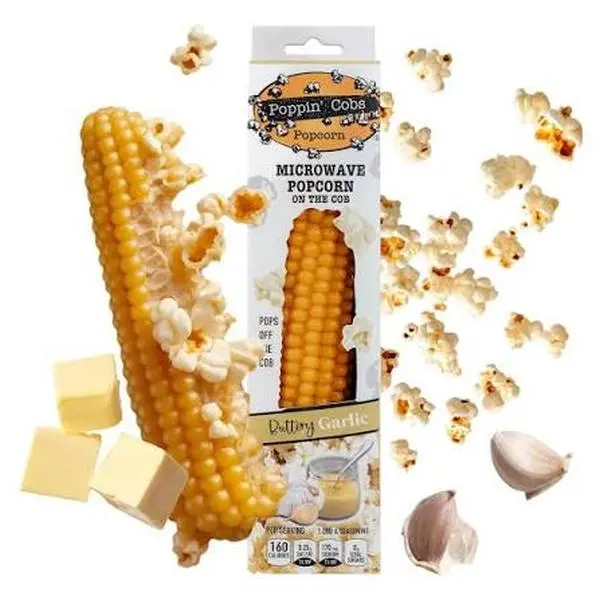 Poppin' Cobs Popcorn on the Cob - Gluten-Free Single Cob Microwave Popcorn Snack, Buttery Garlic Seasoned Crunchy Natural Treat for Families, Ideal Gifts Option