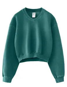 Hatant Women's Essential Hoodie Cozy Vintage Y2K Acid Wash Fleece V-Neck Long Sleeve Pullover Soft Fabric Athletic Fit Dark Gray Solid Color Perfect for After-Workout Relaxation Casual Womenswear Tops